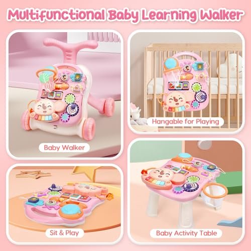 CUTE STONE 2-in-1 Baby Walker for Girls, Sit-to-Stand Learning Walker, Early Educational Push Walking Toys with Detachable Activity Center for Infants & Toddlers 12+ Months