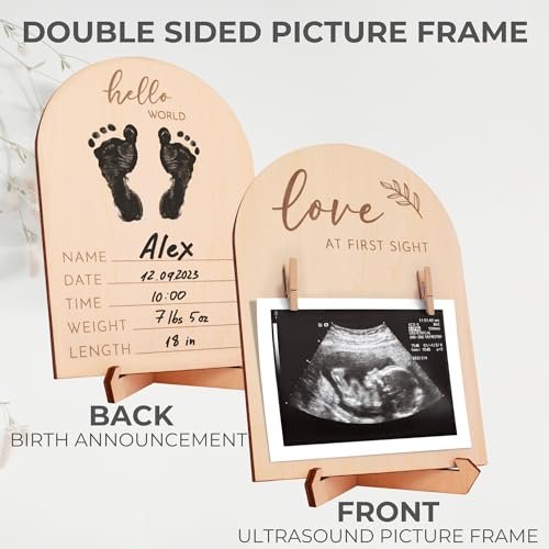 Cute Wooden Ultrasound Picture Frame - Beautiful Double Sided Sign For The Announcement of Your Pregnancy Or Baby's Birth - Nursery Decor Sonogram Photo Frame & Pregnancy Gift For First Time Moms