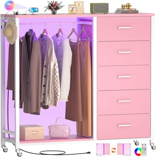 Cyclysio Dresser for Bedroom with Clothes Rack, 5 Drawers Dresser with Charging Station & LED Lights, Pink Storage Chest of Drawers with Wheels, Wooden Top, Lockable Wheels, Bedroom, Closet, Pink