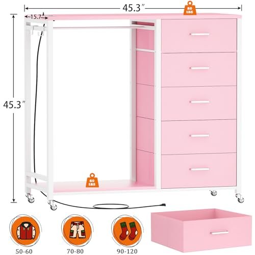 Cyclysio Dresser for Bedroom with Clothes Rack, 5 Drawers Dresser with Charging Station & LED Lights, Pink Storage Chest of Drawers with Wheels, Wooden Top, Lockable Wheels, Bedroom, Closet, Pink