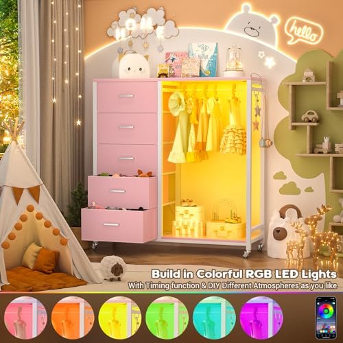 Cyclysio Dresser for Bedroom with Clothes Rack, 5 Drawers Dresser with Charging Station & LED Lights, Pink Storage Chest of Drawers with Wheels, Wooden Top, Lockable Wheels, Bedroom, Closet, Pink