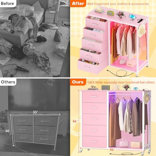 Cyclysio Dresser for Bedroom with Clothes Rack, 5 Drawers Dresser with Charging Station & LED Lights, Pink Storage Chest of Drawers with Wheels, Wooden Top, Lockable Wheels, Bedroom, Closet, Pink