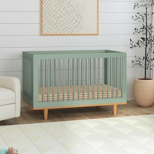 DaVinci Marley 3-in-1 Convertible Baby Crib with Wooden Toddler Bed & Daybed Conversion, Durable, GREENGUARD Gold Certified - 4 Adjustable Mattress Heights - Light Sage & Walnut Legs