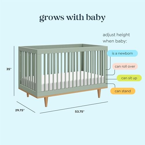 DaVinci Marley 3-in-1 Convertible Baby Crib with Wooden Toddler Bed & Daybed Conversion, Durable, GREENGUARD Gold Certified - 4 Adjustable Mattress Heights - Light Sage & Walnut Legs