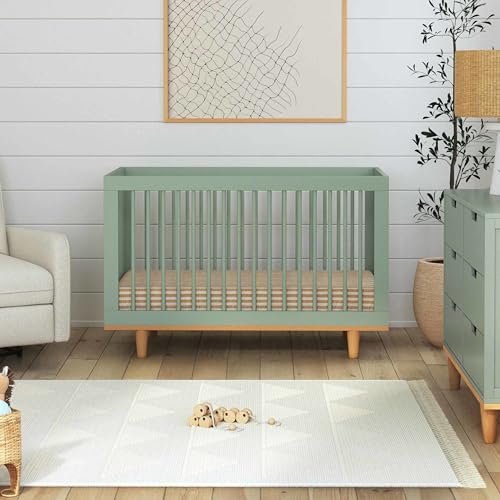 DaVinci Marley 3-in-1 Convertible Baby Crib with Wooden Toddler Bed & Daybed Conversion, Durable, GREENGUARD Gold Certified - 4 Adjustable Mattress Heights - Light Sage & Walnut Legs