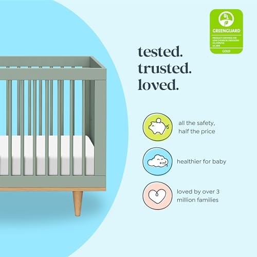 DaVinci Marley 3-in-1 Convertible Baby Crib with Wooden Toddler Bed & Daybed Conversion, Durable, GREENGUARD Gold Certified - 4 Adjustable Mattress Heights - Light Sage & Walnut Legs