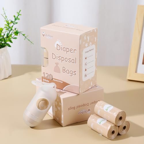Diaper Bags Disposable, Biodegradeable Dirty Diaper Bag (8 Refill Rolls/120 Pack) with Dispenser | Essential for Travel and Quick Change on The Go | Baby Poop Bags | Unscented
