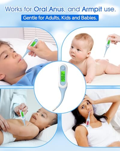 Digital Oral Thermometer for Adults and Kids, 8s Fast Reading, Accurate & Safe Thermometer for Baby with Fever Alarm, °C/°F Switchable, 3 Colors Backlit Medical Rectal Thermometers