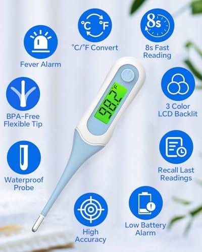 Digital Oral Thermometer for Adults and Kids, 8s Fast Reading, Accurate & Safe Thermometer for Baby with Fever Alarm, °C/°F Switchable, 3 Colors Backlit Medical Rectal Thermometers