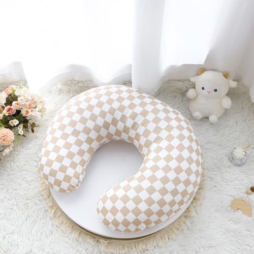 DILIMI Nursing Pillow Cover, Stretchy Removable Case for Breastfeeding Pillows, Ultra Soft Comfortable Slipcover for Baby Girl and Boy, Light Brown Checkerboard