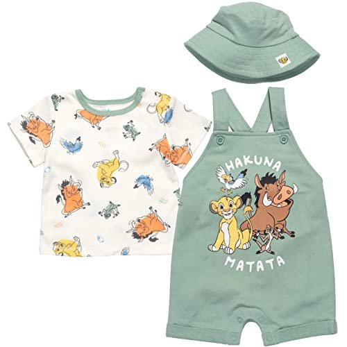 Disney Junior Baby French Terry Short Overalls, T-Shirt and Hat 3 Piece Outfit Set Newborn to Infant Sizes (OS - 24 Months)