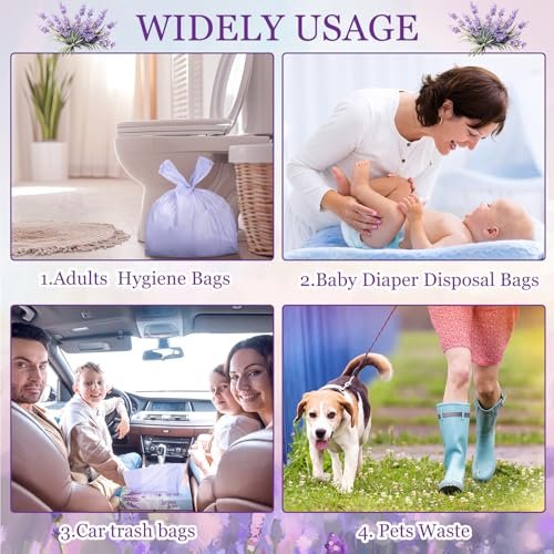 Disposable Diaper Bags 17. 7 x 9. 8 in Lavender Scented Hygiene Bags Discreet Waste Disposal for Feminine Products, Diaper Disposal or Pet Waste Sacks with Easy-to-tie Tabs