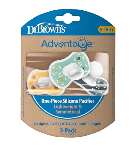 Dr. Brown's Advantage One-Piece Silicone Baby Pacifier, Fully Symmetrical Soother, Dark Gray/Green/Yellow, 6-18m, BPA Free, 3 Pack