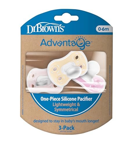 Dr. Brown's Advantage One-Piece Silicone Baby Pacifier, Fully Symmetrical Soother, Ecru/Light Pink/Pink, 0-6m, BPA Free, 3 Pack