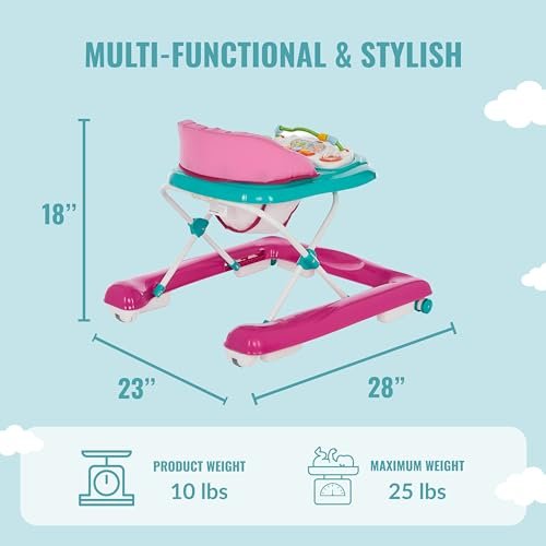 Dream On Me 2-in-1 Ava Baby Walker, Easy Convertible Baby Walker, Walk Behind, Height Adjustable Seat, Added Back Support, Detachable-Toy Slate, Teal Pink