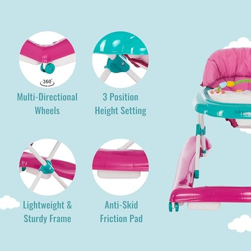 Dream On Me 2-in-1 Ava Baby Walker, Easy Convertible Baby Walker, Walk Behind, Height Adjustable Seat, Added Back Support, Detachable-Toy Slate, Teal Pink