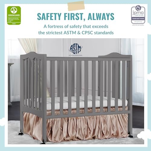 Dream On Me 2-in-1 Lightweight Folding Portable Stationary Side Crib in Steel Grey, Greenguard Gold Certified, Baby Crib to Playpen, Folds Flat for Storage, Locking Wheels