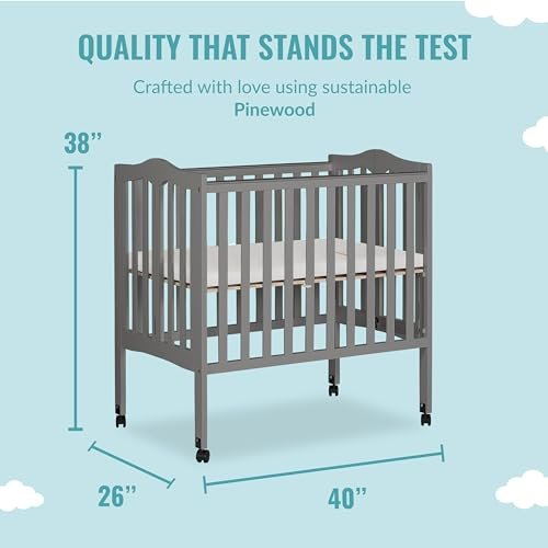 Dream On Me 2-in-1 Lightweight Folding Portable Stationary Side Crib in Steel Grey, Greenguard Gold Certified, Baby Crib to Playpen, Folds Flat for Storage, Locking Wheels