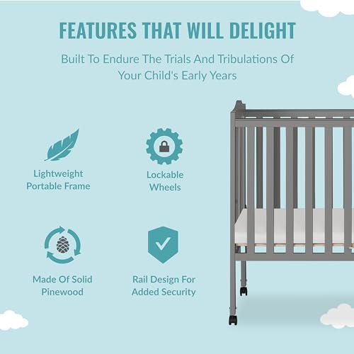 Dream On Me 2-in-1 Lightweight Folding Portable Stationary Side Crib in Steel Grey, Greenguard Gold Certified, Baby Crib to Playpen, Folds Flat for Storage, Locking Wheels