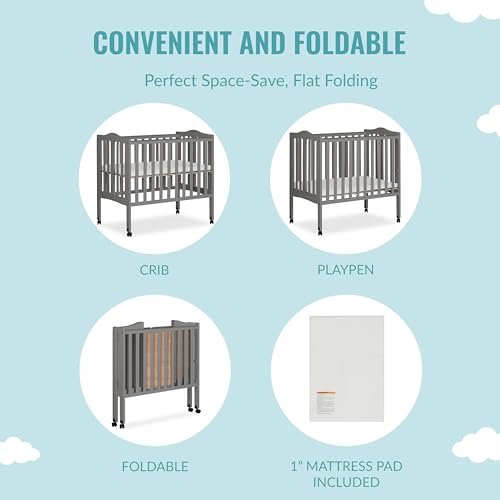 Dream On Me 2-in-1 Lightweight Folding Portable Stationary Side Crib in Steel Grey, Greenguard Gold Certified, Baby Crib to Playpen, Folds Flat for Storage, Locking Wheels