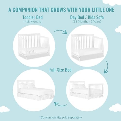 Dream On Me Ashton 4-In-1 Convertible Crib In White, Greenguard Gold, JPMA Certified, Non-Toxic Finishes, Features 4 Mattress Height Settings, Made Of Solid Pinewood