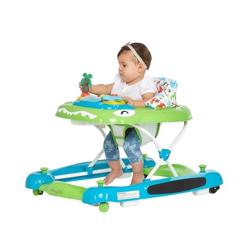 Dream On Me Baby Steps Baby Walker in Blue and Green, Adjustable Three Position Height Setting, Removable Tray, Easy to Fold and Store Baby Walker