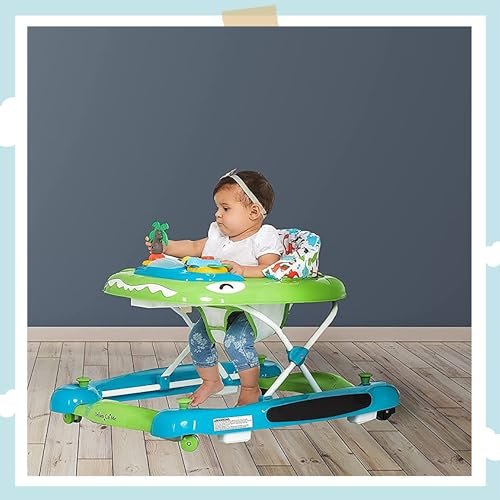 Dream On Me Baby Steps Baby Walker in Blue and Green, Adjustable Three Position Height Setting, Removable Tray, Easy to Fold and Store Baby Walker