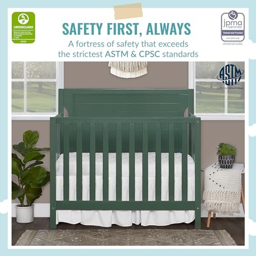 Dream On Me Bellport 4 in 1 Convertible Mini/Portable Crib In Safari Green, Non-Toxic Finish, Made of Sustainable New Zealand Pinewood, With 3 Mattress Height Settings, 40"L x 25"W x 33"H