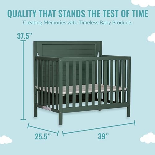 Dream On Me Bellport 4 in 1 Convertible Mini/Portable Crib In Safari Green, Non-Toxic Finish, Made of Sustainable New Zealand Pinewood, With 3 Mattress Height Settings, 40"L x 25"W x 33"H
