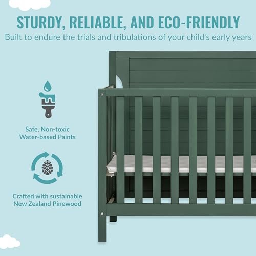 Dream On Me Bellport 4 in 1 Convertible Mini/Portable Crib In Safari Green, Non-Toxic Finish, Made of Sustainable New Zealand Pinewood, With 3 Mattress Height Settings, 40"L x 25"W x 33"H