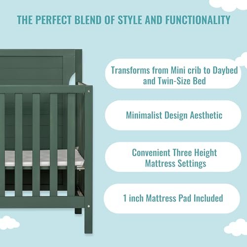Dream On Me Bellport 4 in 1 Convertible Mini/Portable Crib In Safari Green, Non-Toxic Finish, Made of Sustainable New Zealand Pinewood, With 3 Mattress Height Settings, 40"L x 25"W x 33"H