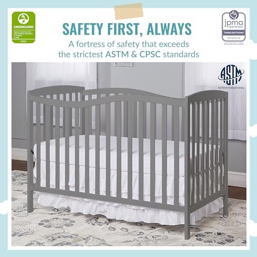 Dream On Me Chelsea 5-in-1 Convertible Crib in Steel Grey, made of New Zealand pinewood, JPMA & Greenguard gold certified, comes with 4 mattress height positions