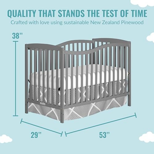 Dream On Me Chelsea 5-in-1 Convertible Crib in Steel Grey, made of New Zealand pinewood, JPMA & Greenguard gold certified, comes with 4 mattress height positions