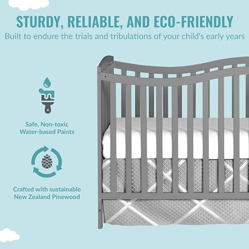 Dream On Me Chelsea 5-in-1 Convertible Crib in Steel Grey, made of New Zealand pinewood, JPMA & Greenguard gold certified, comes with 4 mattress height positions