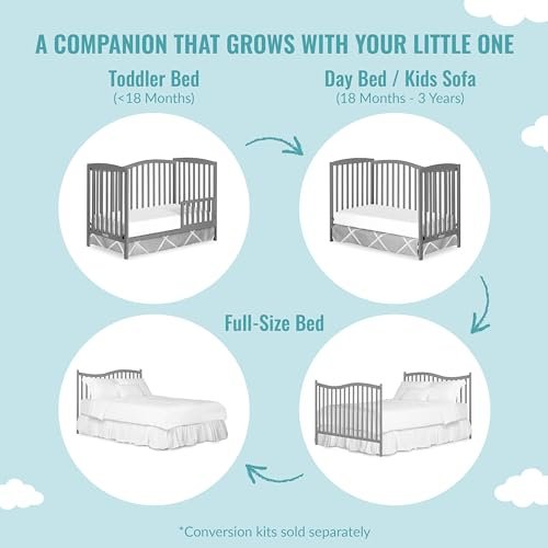 Dream On Me Chelsea 5-in-1 Convertible Crib in Steel Grey, made of New Zealand pinewood, JPMA & Greenguard gold certified, comes with 4 mattress height positions
