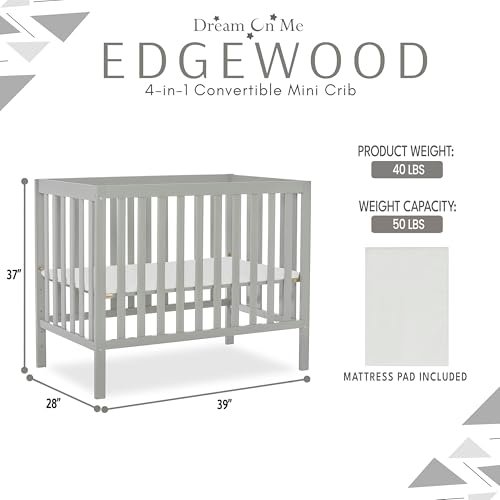Dream On Me, Edgewood 4-in-1 Convertible Mini Crib, Cool Grey , 40x25x33 Inch (Pack of 1)