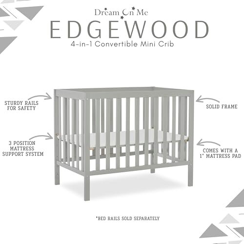 Dream On Me, Edgewood 4-in-1 Convertible Mini Crib, Cool Grey , 40x25x33 Inch (Pack of 1)
