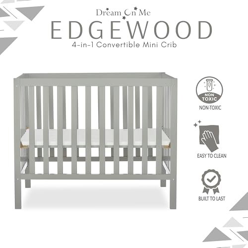 Dream On Me, Edgewood 4-in-1 Convertible Mini Crib, Cool Grey , 40x25x33 Inch (Pack of 1)