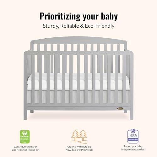 Dream On Me JPMA & Greenguard Gold Certified Odelle 5 in 1 Convertible Crib in Pebble Grey, Built of Sustainable Pinewood, 3 Mattress Height Settings, Non-Toxic Water-Based Paint Finish