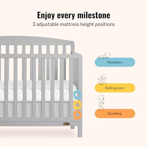 Dream On Me JPMA & Greenguard Gold Certified Odelle 5 in 1 Convertible Crib in Pebble Grey, Built of Sustainable Pinewood, 3 Mattress Height Settings, Non-Toxic Water-Based Paint Finish