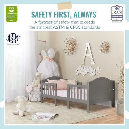 Dream On Me Portland 3 In 1 Convertible Toddler Bed in Steel Grey, Greenguard Gold Certified, JPMA Certified, Low To Floor Design, Non-Toxic Finish, Pinewood