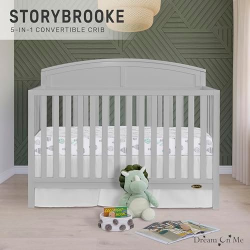 Dream On Me Storybrooke 5 in 1 Convertible Crib in Pebble Grey, JPMA & Greenguard Gold Certified, Built of Sustainable Pinewood, 3 Mattress Height Settings, Non-Toxic Water-Based Paint Finish