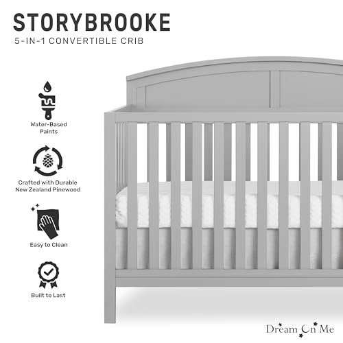 Dream On Me Storybrooke 5 in 1 Convertible Crib in Pebble Grey, JPMA & Greenguard Gold Certified, Built of Sustainable Pinewood, 3 Mattress Height Settings, Non-Toxic Water-Based Paint Finish