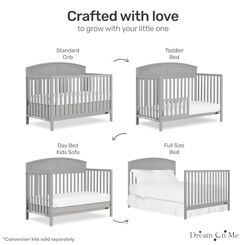 Dream On Me Storybrooke 5 in 1 Convertible Crib in Pebble Grey, JPMA & Greenguard Gold Certified, Built of Sustainable Pinewood, 3 Mattress Height Settings, Non-Toxic Water-Based Paint Finish