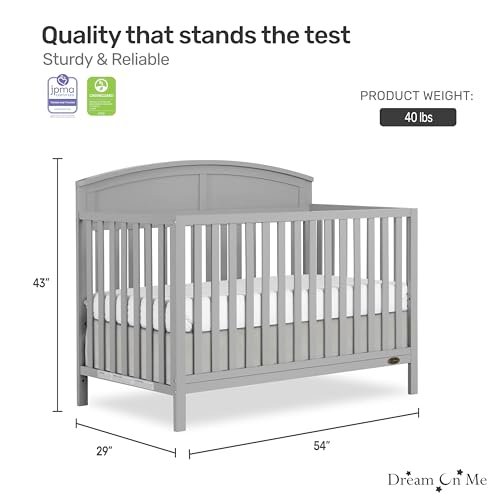 Dream On Me Storybrooke 5 in 1 Convertible Crib in Pebble Grey, JPMA & Greenguard Gold Certified, Built of Sustainable Pinewood, 3 Mattress Height Settings, Non-Toxic Water-Based Paint Finish
