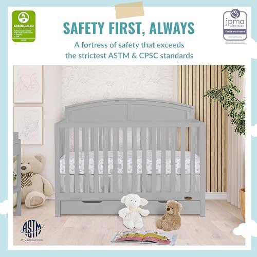 Dream On Me Storybrooke 5 in 1 Convertible Crib with Under Drawer in Pebble Grey, JPMA & Greenguard Gold Certified, Made of Sustainable Pinewood, Non-Toxic Water-Based Paint Finish