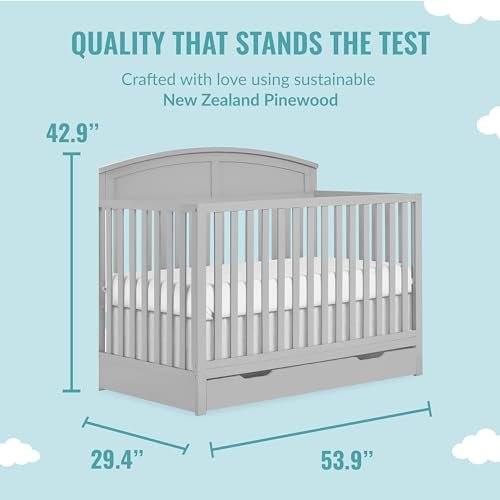 Dream On Me Storybrooke 5 in 1 Convertible Crib with Under Drawer in Pebble Grey, JPMA & Greenguard Gold Certified, Made of Sustainable Pinewood, Non-Toxic Water-Based Paint Finish