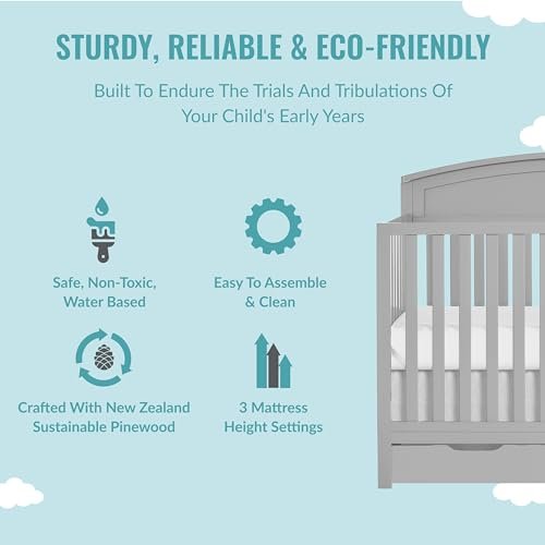 Dream On Me Storybrooke 5 in 1 Convertible Crib with Under Drawer in Pebble Grey, JPMA & Greenguard Gold Certified, Made of Sustainable Pinewood, Non-Toxic Water-Based Paint Finish