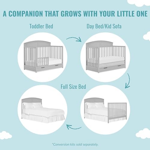 Dream On Me Storybrooke 5 in 1 Convertible Crib with Under Drawer in Pebble Grey, JPMA & Greenguard Gold Certified, Made of Sustainable Pinewood, Non-Toxic Water-Based Paint Finish
