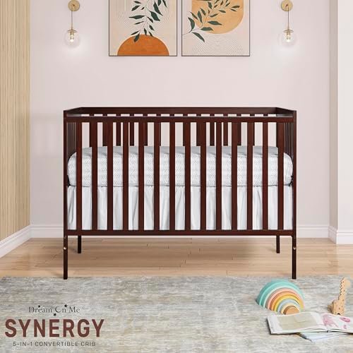 Dream On Me Synergy 5-In-1 Convertible Crib In Espresso, JPMA & Greenguard Gold Certified, Constructed out of solid New Zealand Pine wood, Features 3 mattress height settings